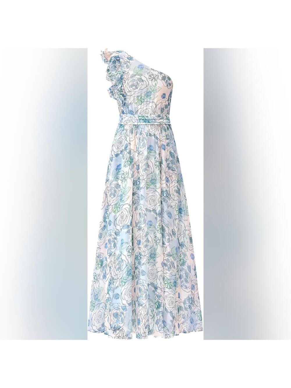 NWT BTFBM One Shoulder Floral Smocked Ruffly Flowy Maxi Dress, Small (4-6)